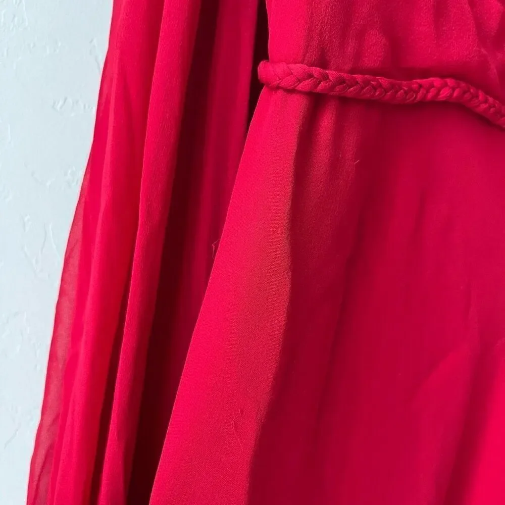 Naeem Khan Red 100% Silk Draped One-Shoulder Braided Waist‎ Chiffon Gown Size 4 - Picture 10 of 13